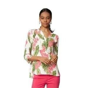 NYDJ Curves 360 Women Blouse SZ Medium Tropical Floral Pink Green Resort Beachy